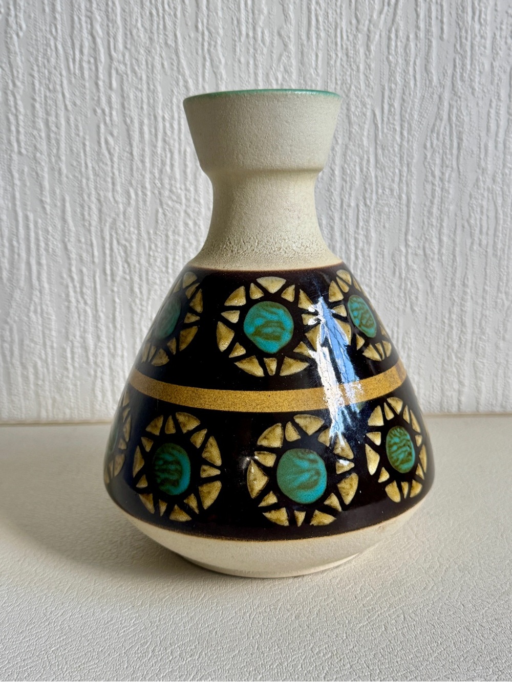 Vintage Dümler & Breiden W German Pottery Vase MCM Turquoise Sunburst Medallion